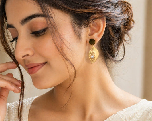 Gold Leaf Drop Earings-Stainless STeel With PEARL Accent