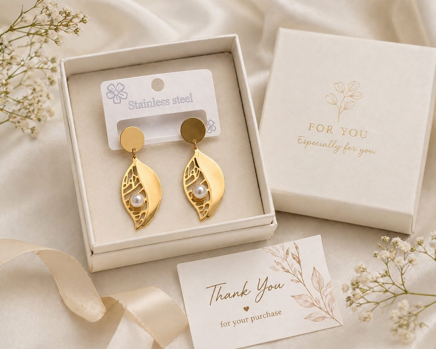 Gold Leaf Drop Earings-Stainless STeel With PEARL Accent