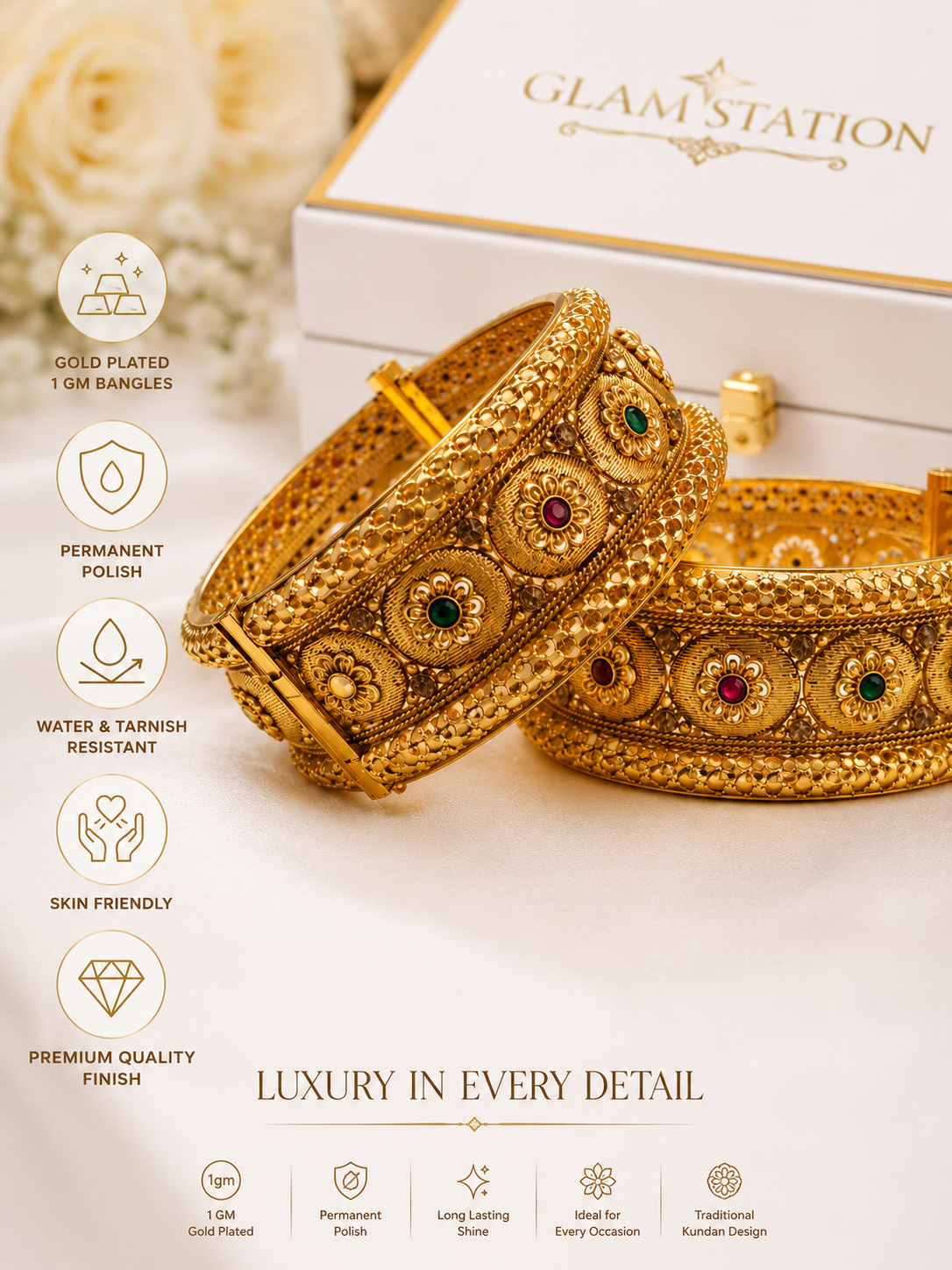 Luxury 1 GM Gold Plated Kundan Bangles with Permanent Polish