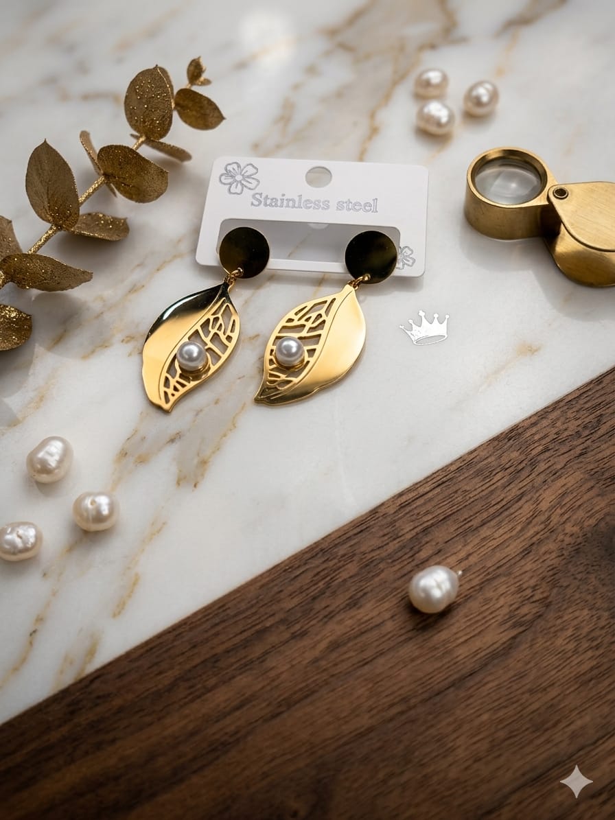 Gold Leaf Drop Earings-Stainless STeel With PEARL Accent