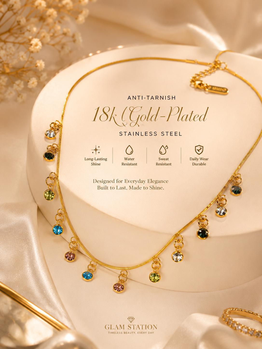 Gem-Stone Necklace Anti Tarnish (18k GP)
